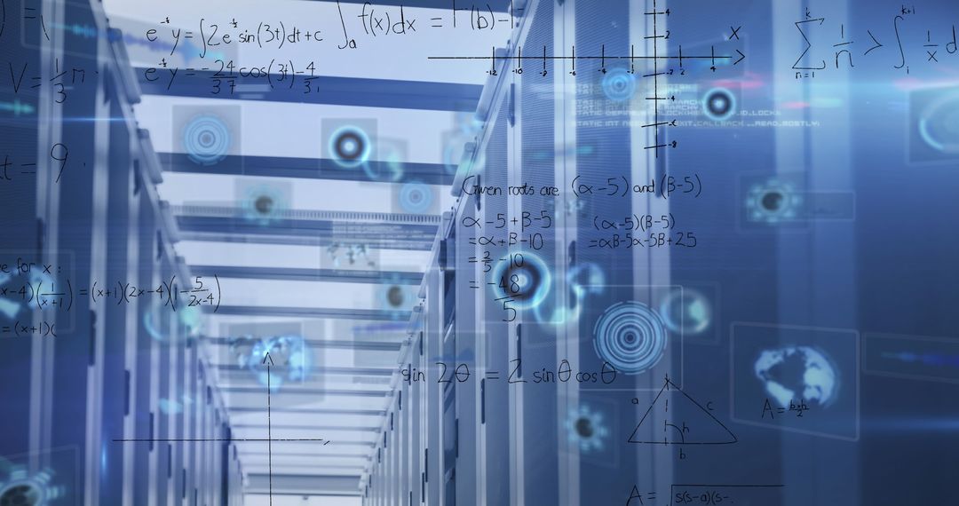 Advanced Data Center with Holographic Formula Interface Visualization