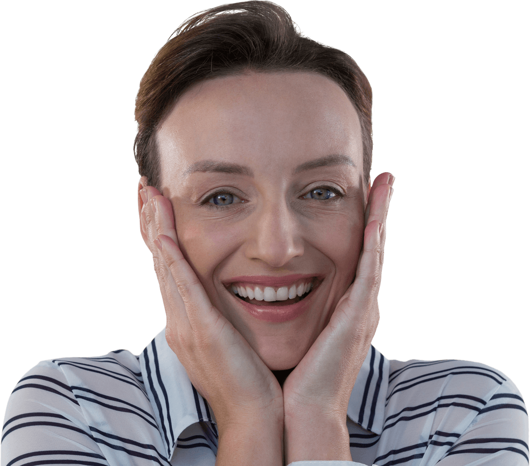 Smiling Caucasian Businesswoman With Hands on Face on Transparent Background