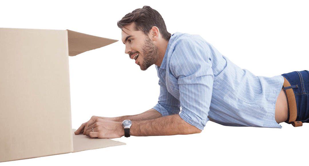 Curious Man Peeking Under Large Transparent Cardboard Box