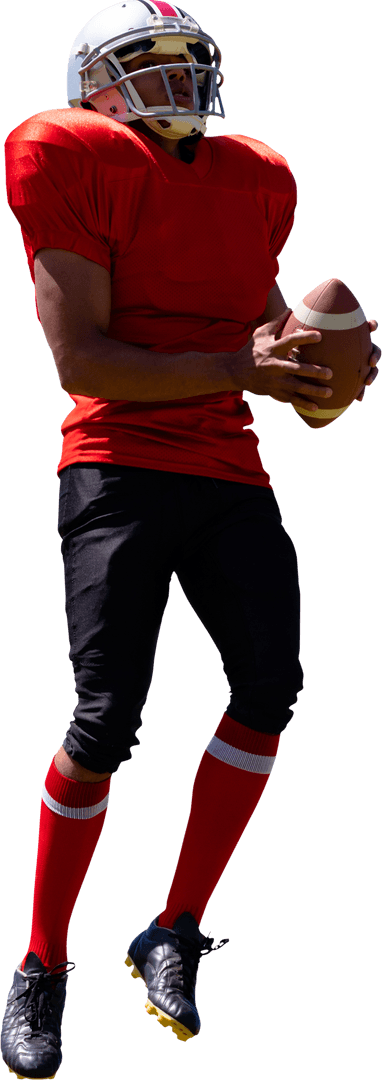 Biracial Football Player Jumping with Ball on Transparent Background