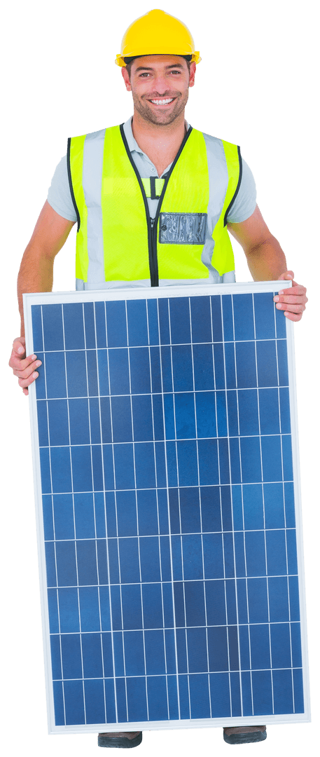 Transparent Smiling Construction Worker Holding Solar Panel