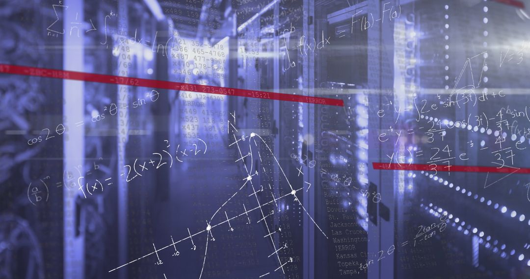 Futuristic Data Processing with Mathematical Equations Overlay