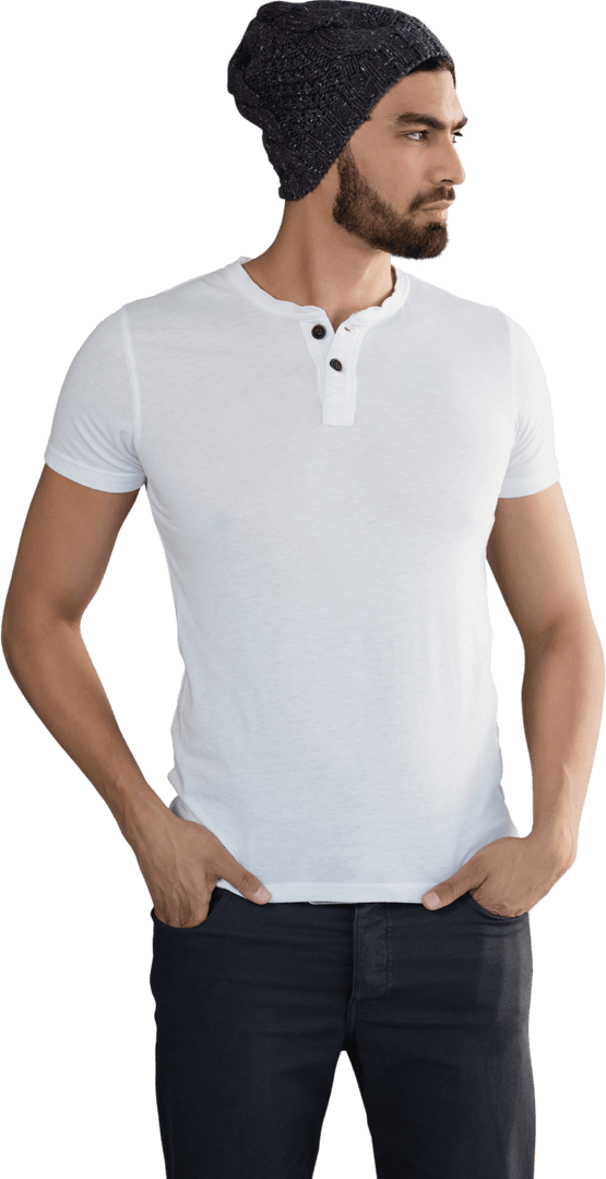 Transparent Casual Male Model in Beanie and White T-shirt