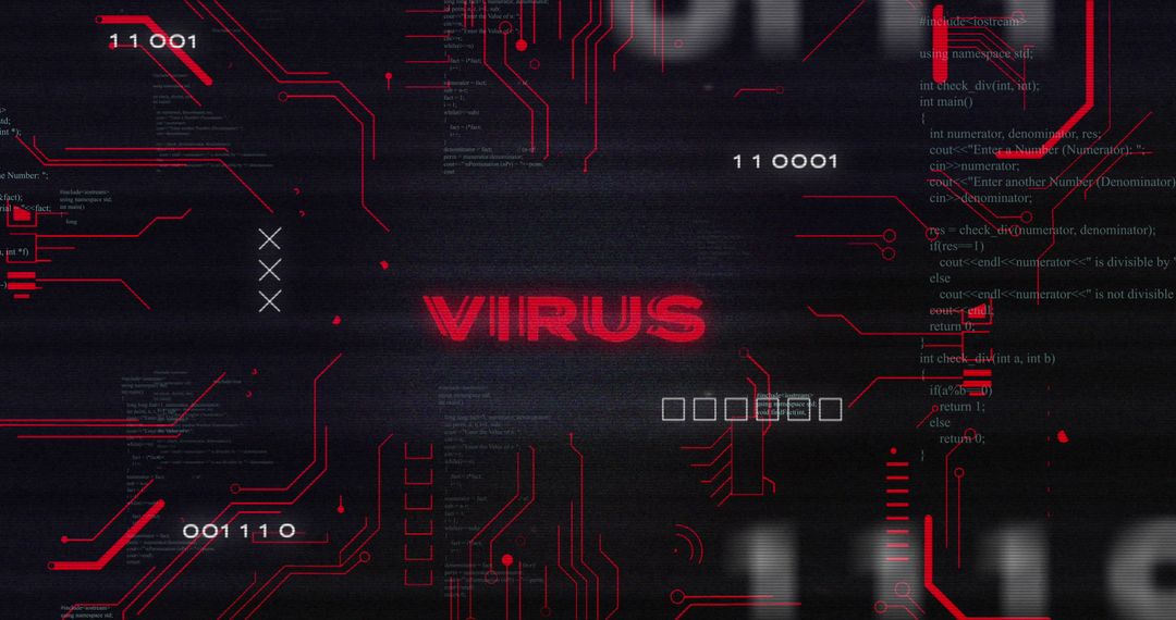 Digital Circuit Background with Virus Text Brightly Highlighted