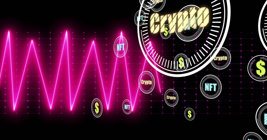 Crypto and NFT Symbols on Future Technology Grid Background