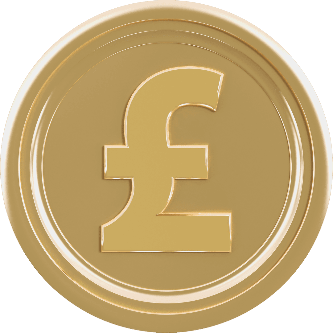 Golden Coin with Pound Symbol on Transparent Background
