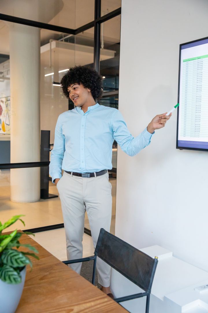 Professional Presenting Data on Screen in Modern Office