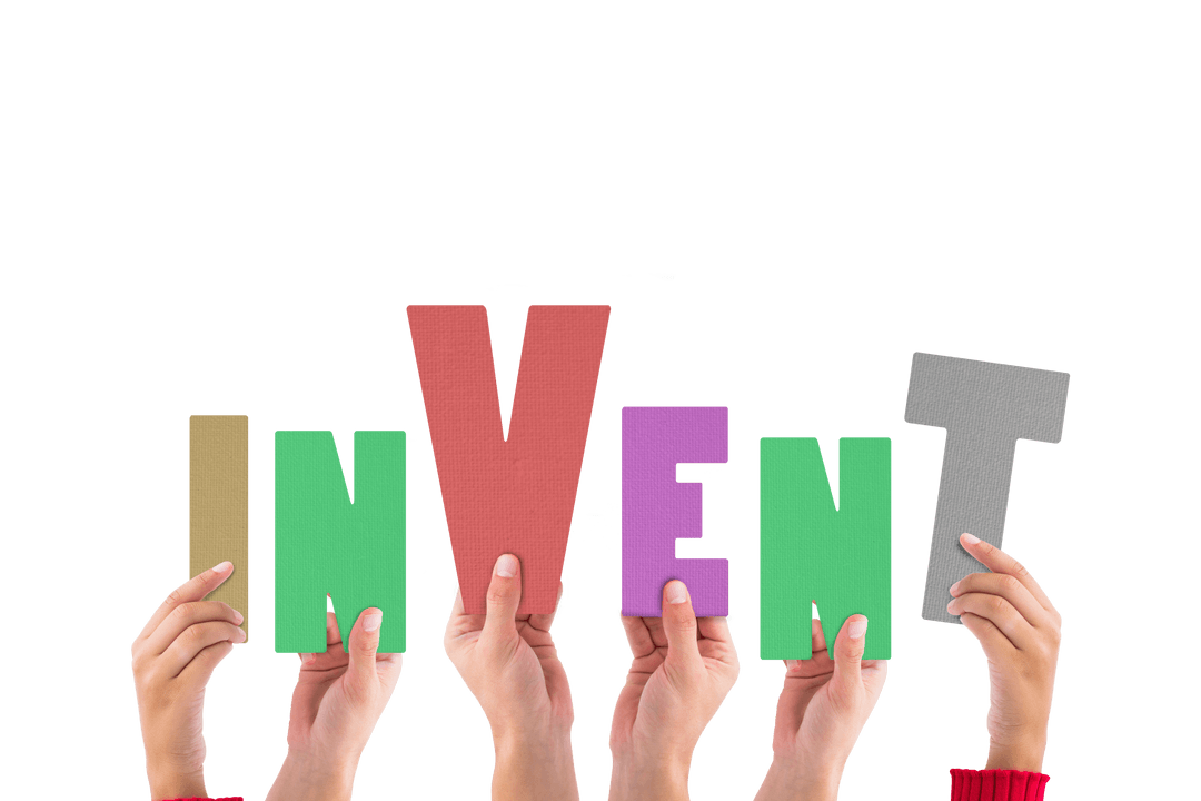 Hands Holding Colorful 'Invent' Letters on Transparent Background