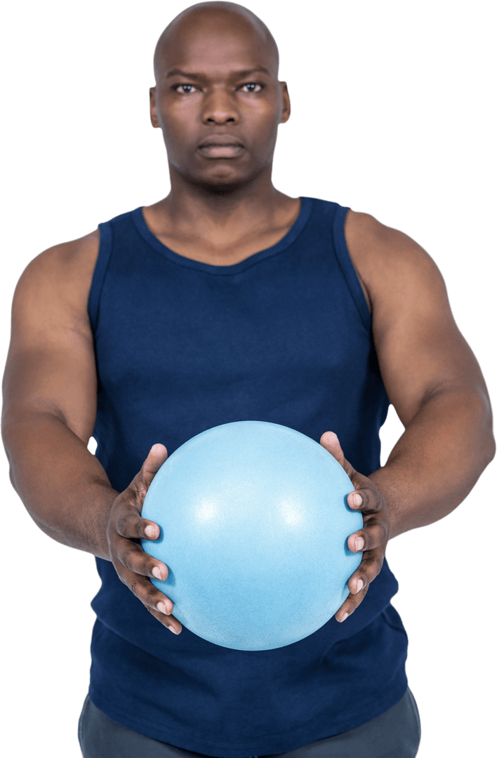 Athletic Man Holding Blue Exercise Ball on Transparent Background