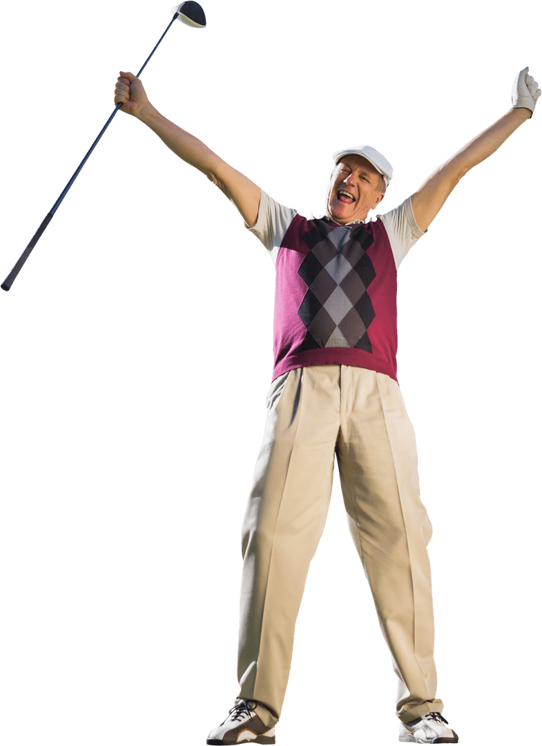 Senior Golfer Celebrating Success with Raised Arms on Transparent Background
