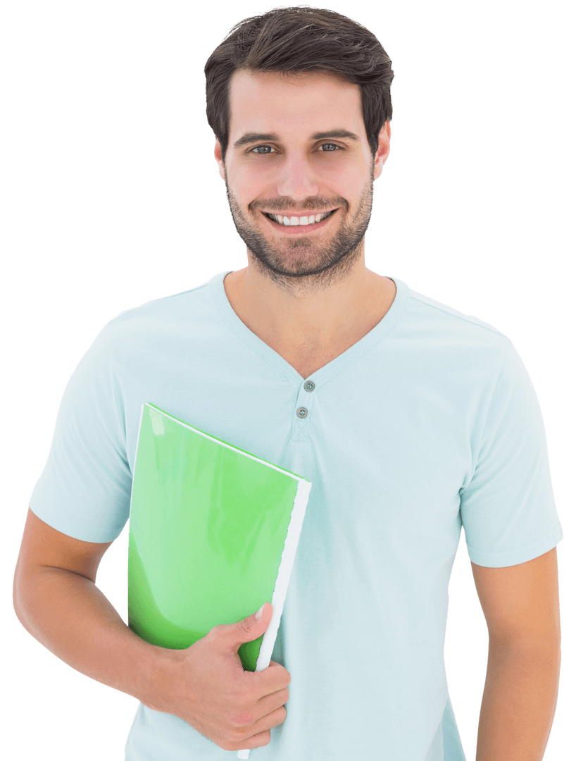 Happy Caucasian Man Holding Notebook on Transparent Background