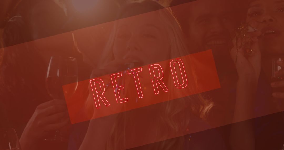 Neon Retro Text Overlay with Partying Friends Theme
