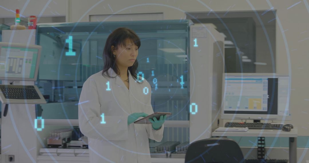 Biracial Scientist Analyzing Digital Data in Modern Lab