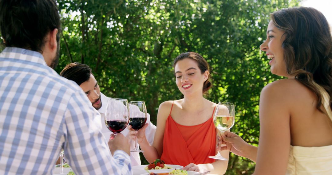 Friends Enjoying Outdoor Meal, Toasting with Wine on Sunny Day - Free Images, Stock Photos and Pictures on Pikwizard.com