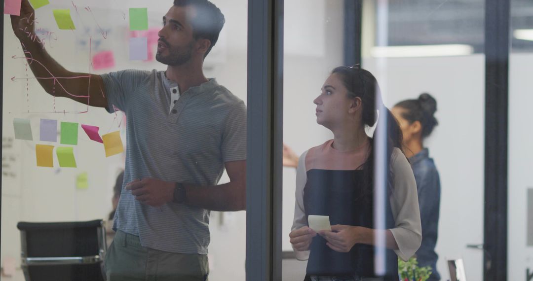 Team collaborating at glass wall with sticky notes and marker in modern office workspace