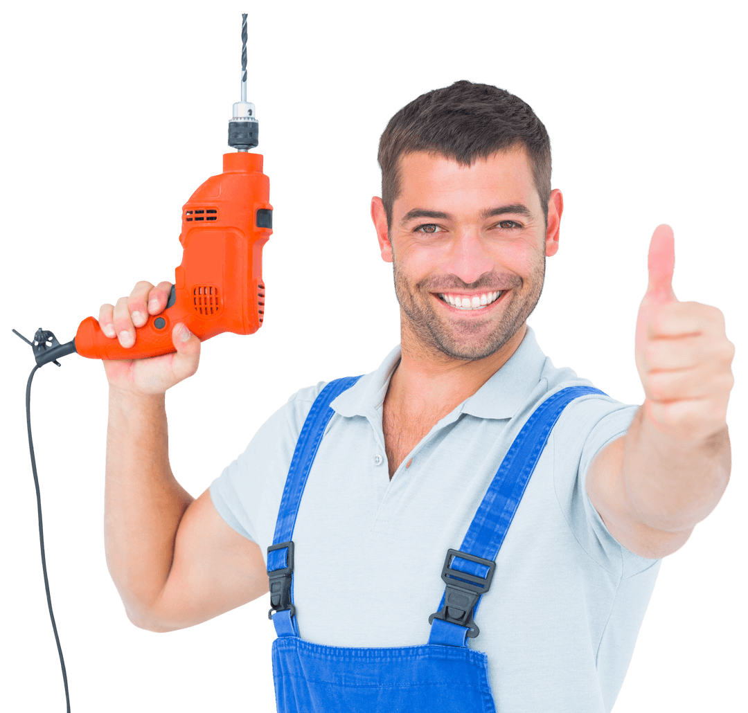 Smiling Repairman Holding Drill and Gesturing Thumbs Up on Transparent Background