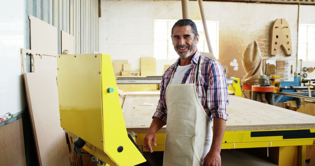 Smiling Man Standing in Woodworking Workshop with Machinery - Free Images, Stock Photos and Pictures on Pikwizard.com