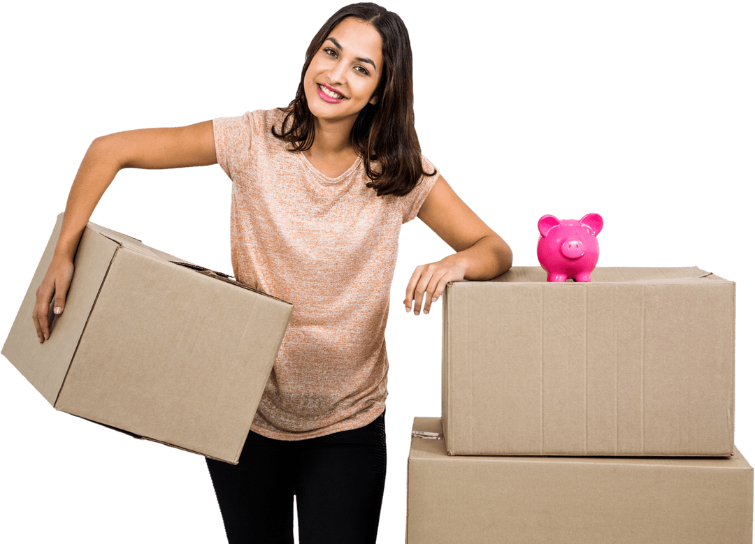 Smiling Female Moving Packing Boxes with Pink Piggy Bank on Transparent Background