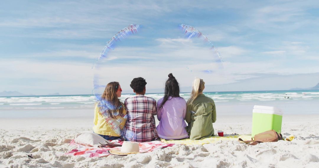 Four Friends Relaxing on Sunny Beach Facing Ocean with Cooler, Blankets and Hats