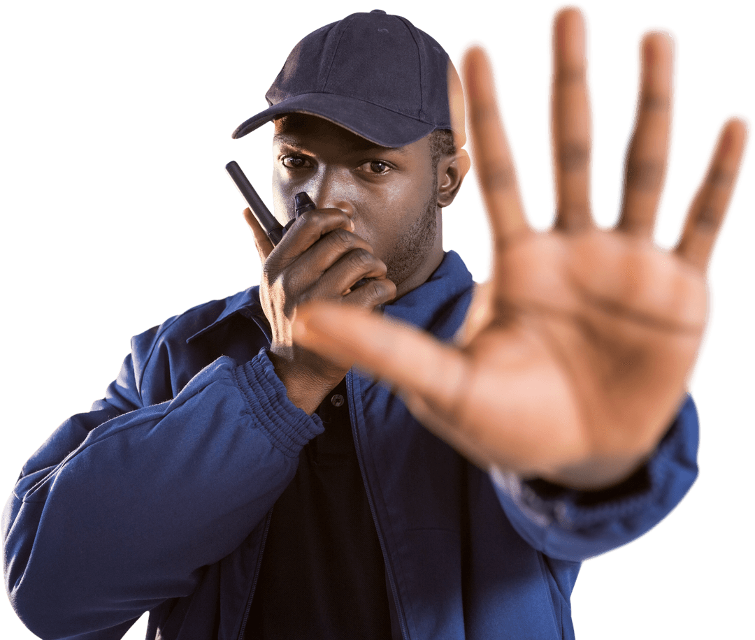 Security Guard with Walkie Talkie and Transparent Stop Gesture