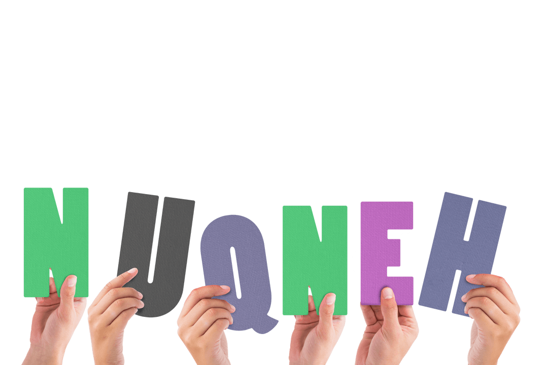 Digital Illustration of Hands Holding 'NUQNEH' on Transparent Background