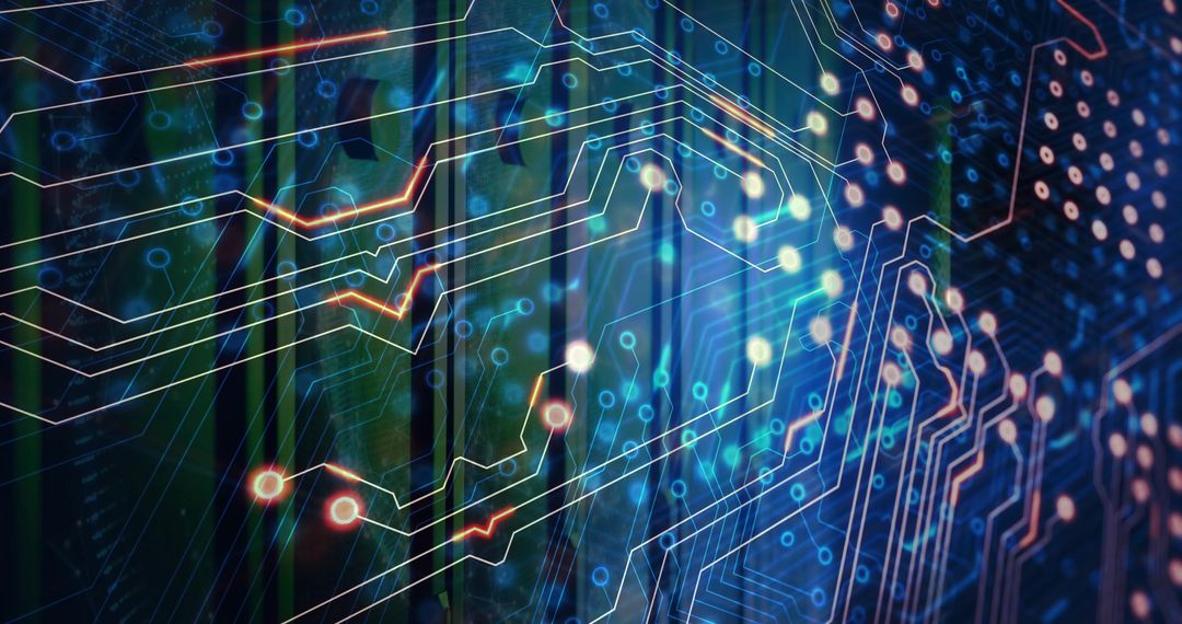 Neon Circuit Network Streaming Across Digital Grid with Glowing Traces and Nodes