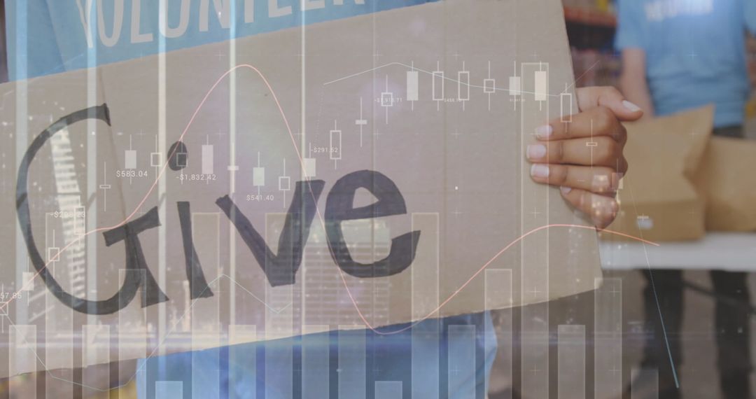 Overlay of Statistical Graphs on Volunteer Holding 'Give' Placard