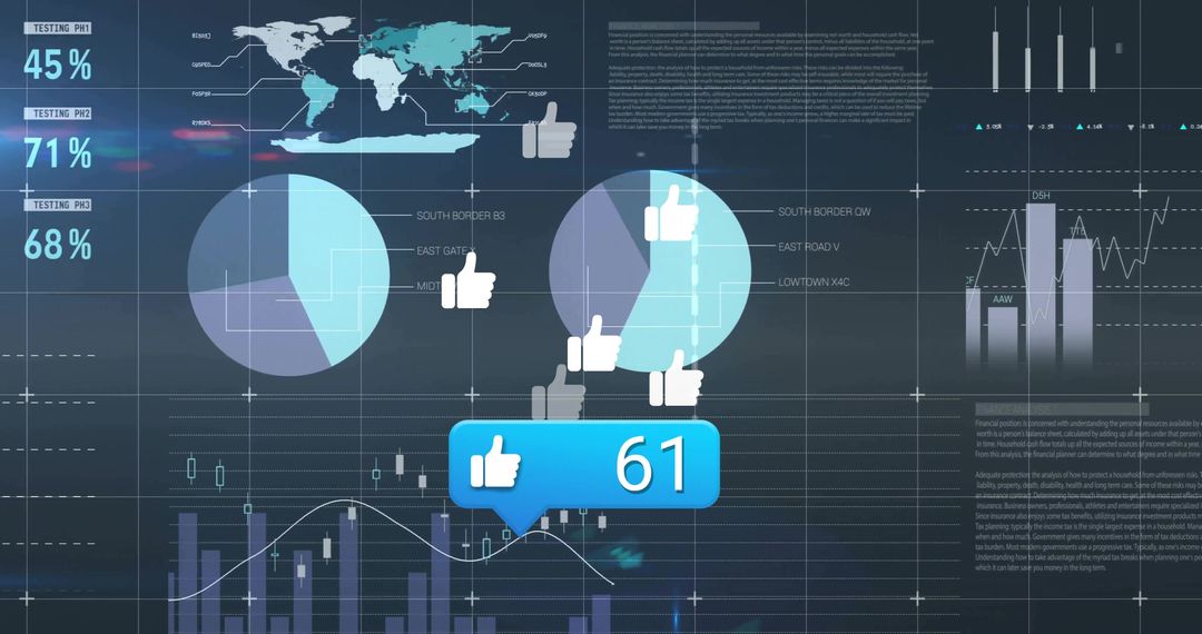 Global Digital Interface with Data Analytics and Thumbs-Up Rating Icon