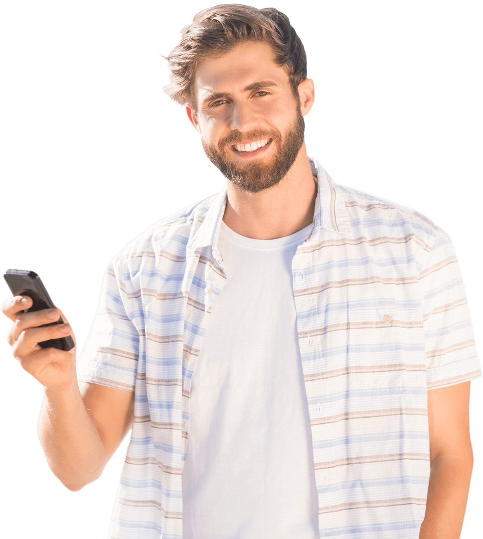 Smiling Caucasian Man Using Smartphone on Transparent Background