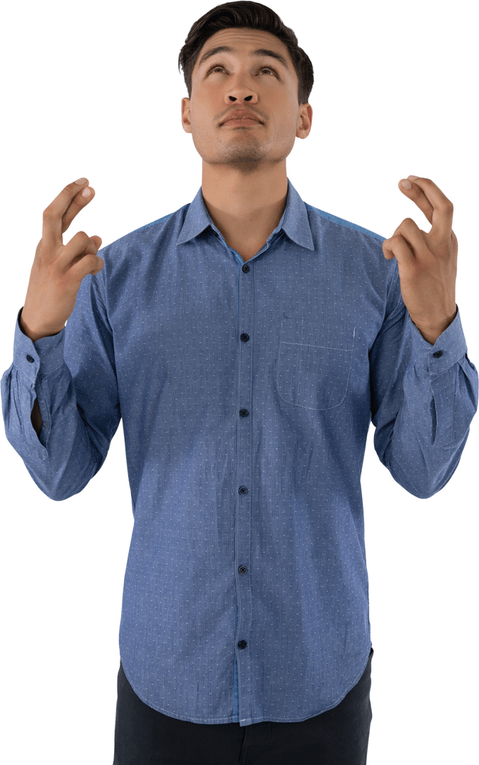 Confident Businessman Crossing Fingers in Optimistic Gesture Full Body Transparent