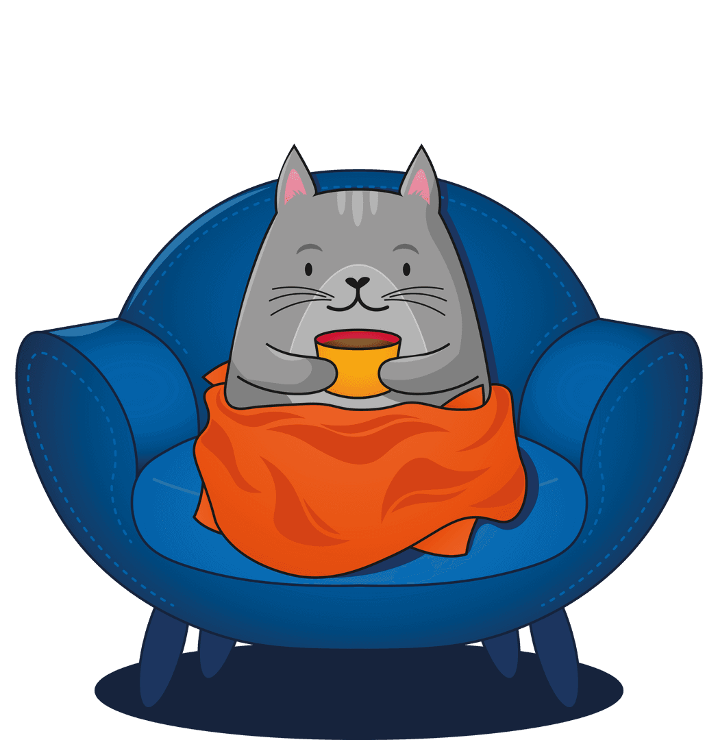 Cute Cat Relaxing with Cup on Blue Chair Transparent Background