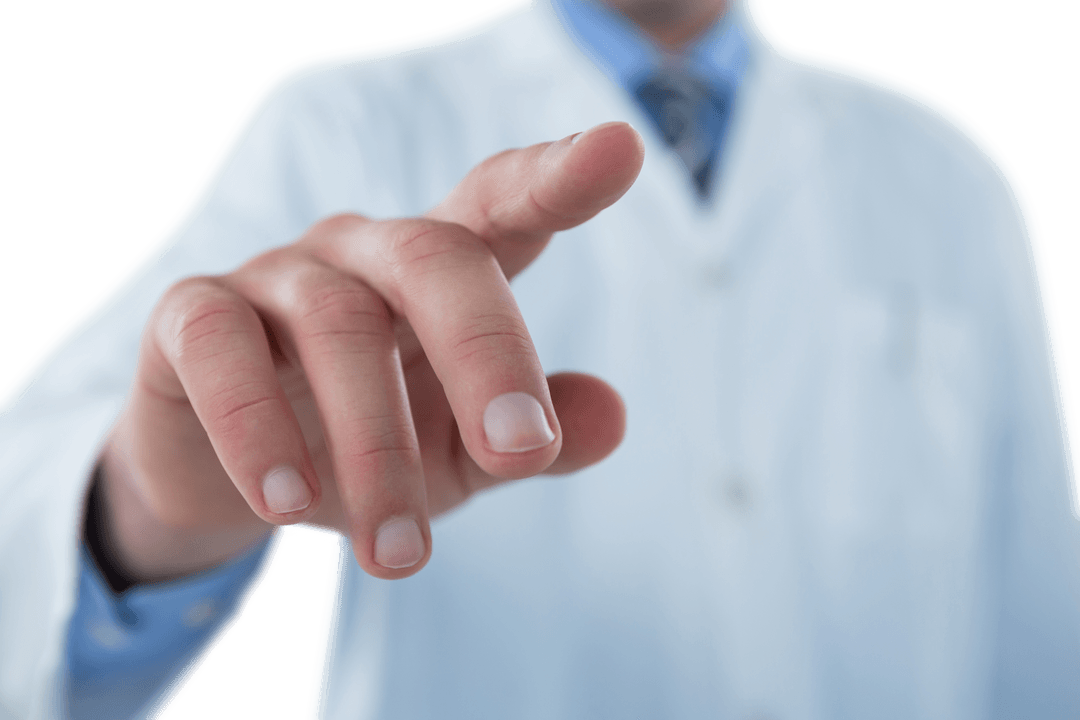 Doctor's Hand Pointing at Transparent Screen in Medical Interface