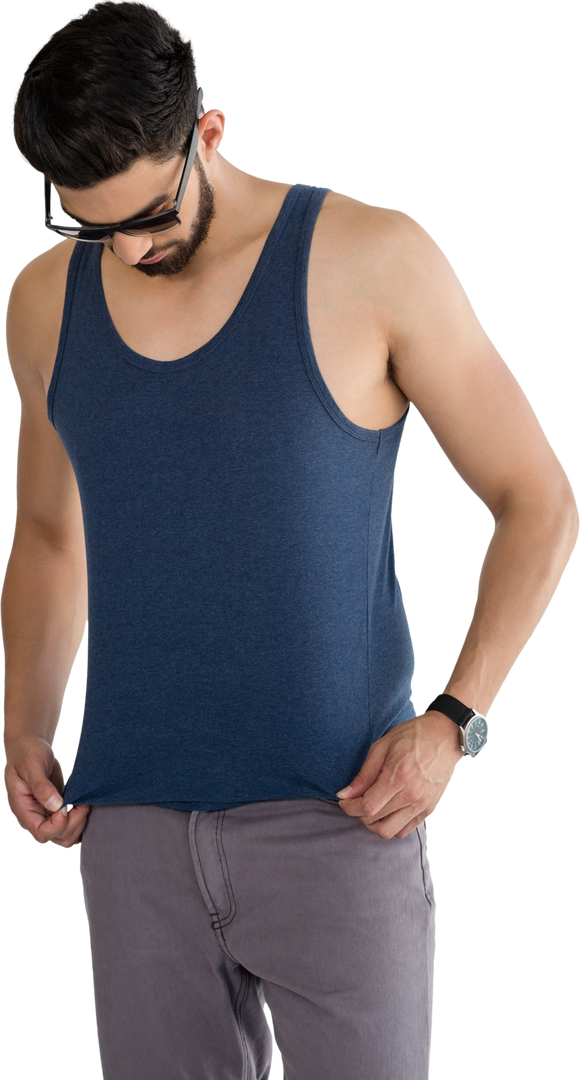 Transparent Image of Man in Blue Tank Top Adjusting Shirt with Sunglasses - Download Free Stock Images Pikwizard.com