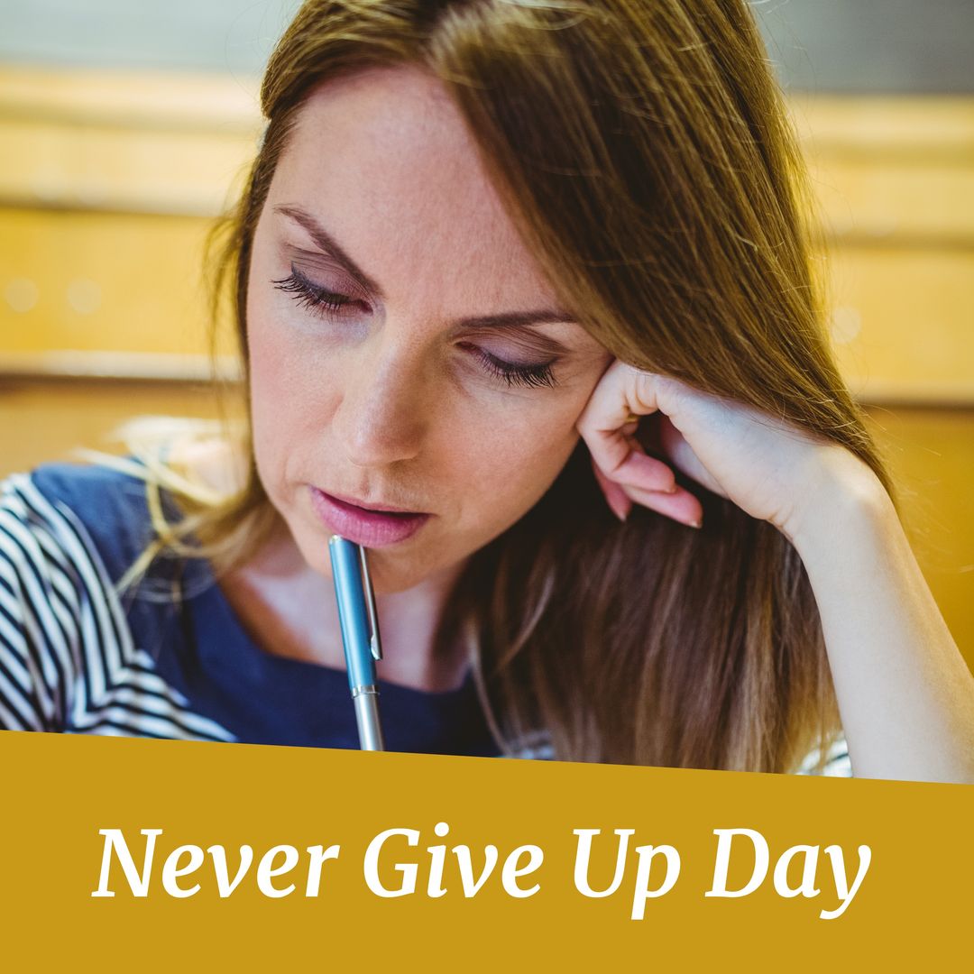 Digital composite image of thoughtful mid adult caucasian woman working with never give up day text - Download Free Stock Templates Pikwizard.com