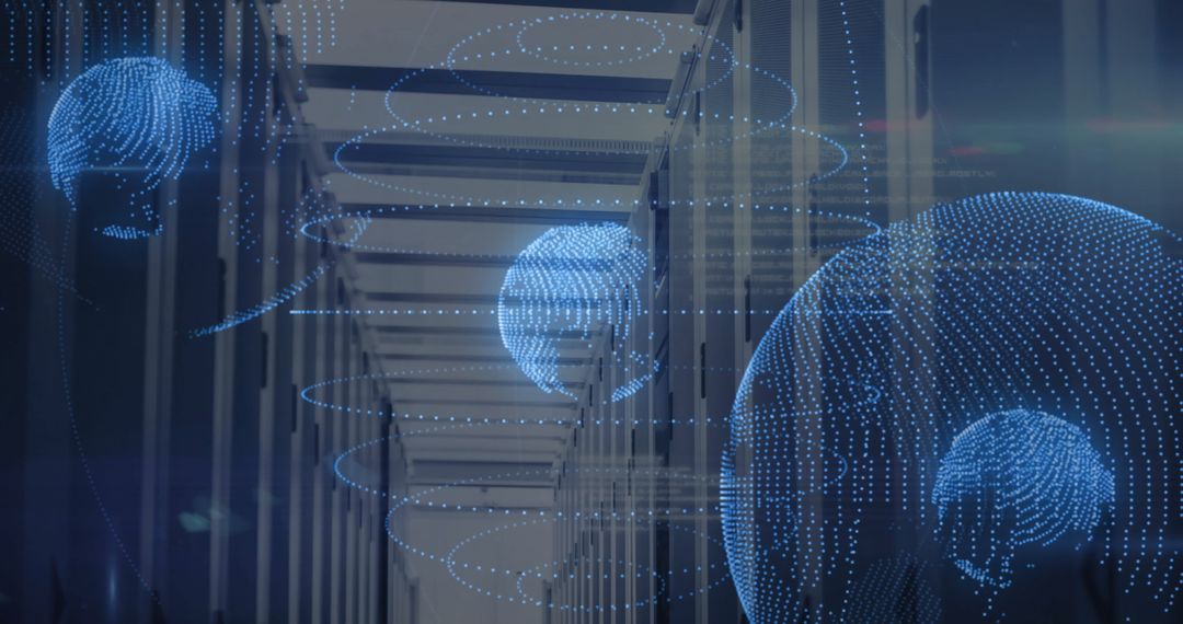 Holographic Brain Icons Floating in LED-Lit Data Center Corridor