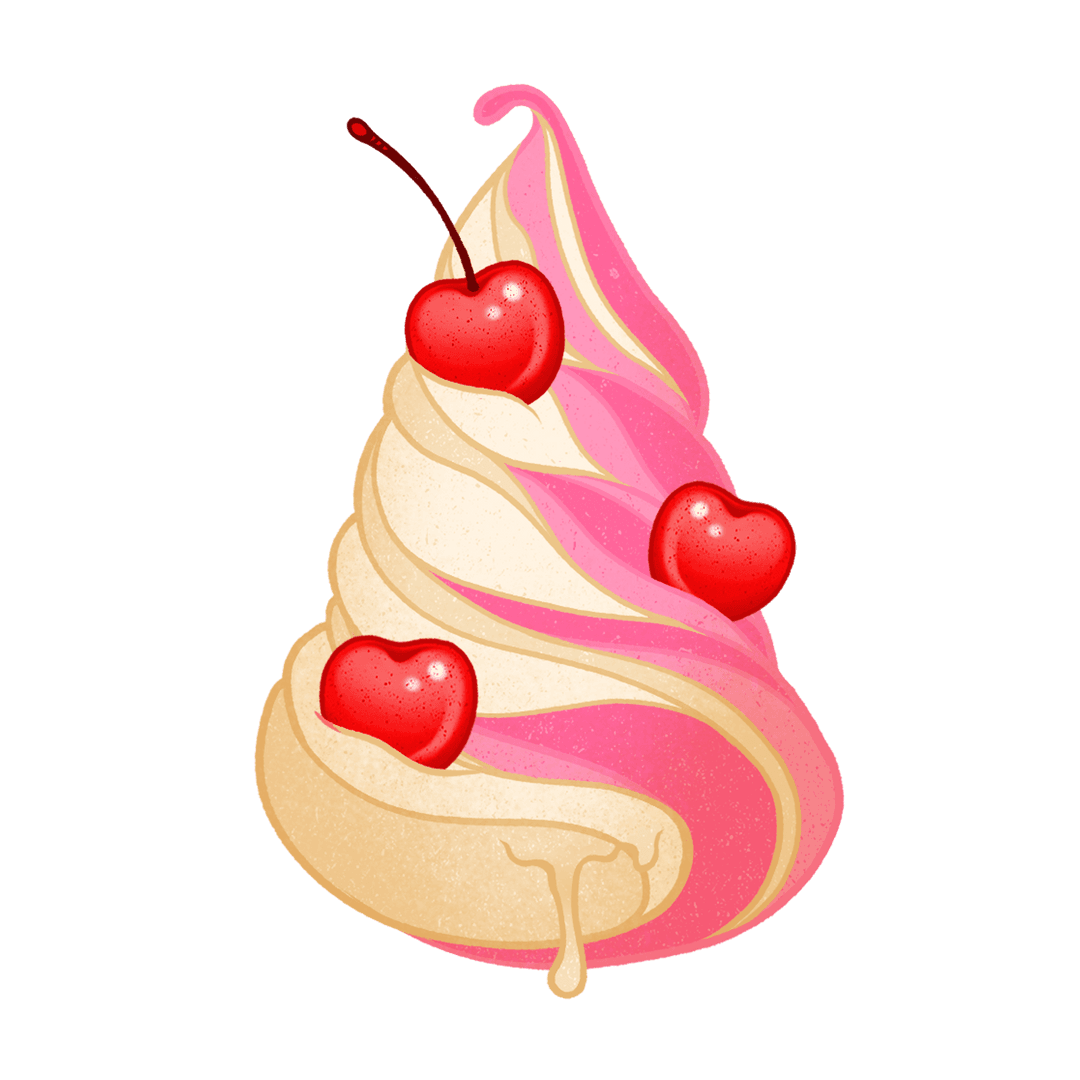 Glossy Soft-Serve Swirl with Cherry and Heart Shapes on Transparent Background