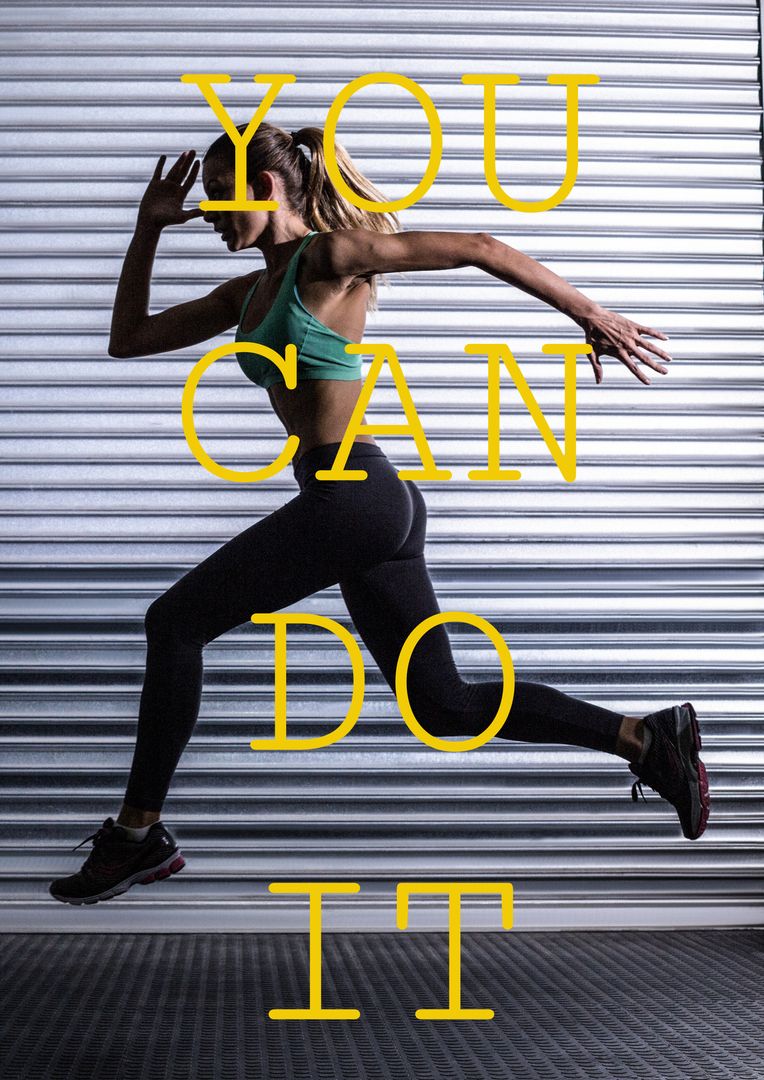 Determined Female Athlete Running Against Striped Wall Backdrop
