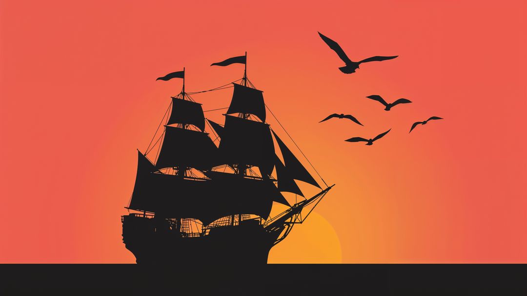 Silhouette of tall pirate ship at sunset with flying seagulls