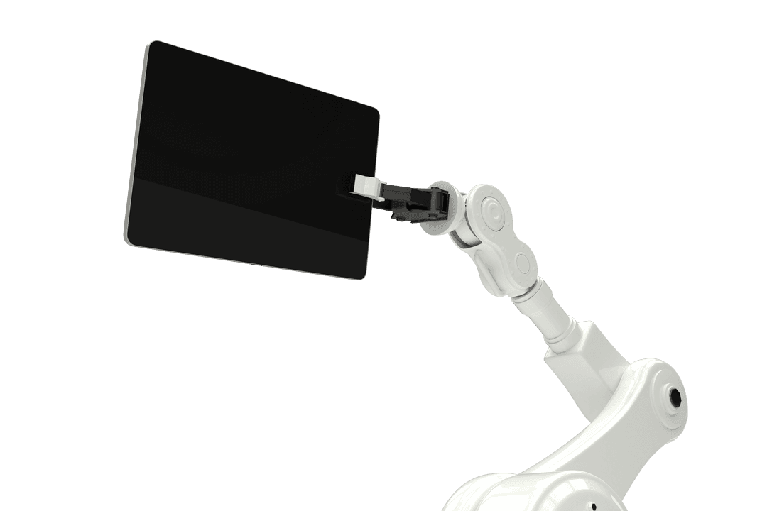 Robotic Arm Holding Transparent Digital Tablet Isolated