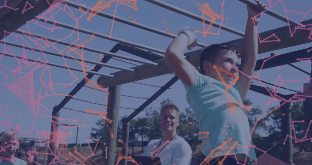 Energetic Boy Navigating Outdoor Monkey Bars with Friends