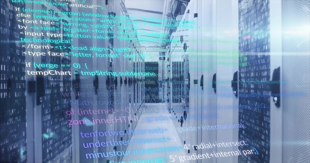 Futuristic Data Center Corridor with Code Overlay