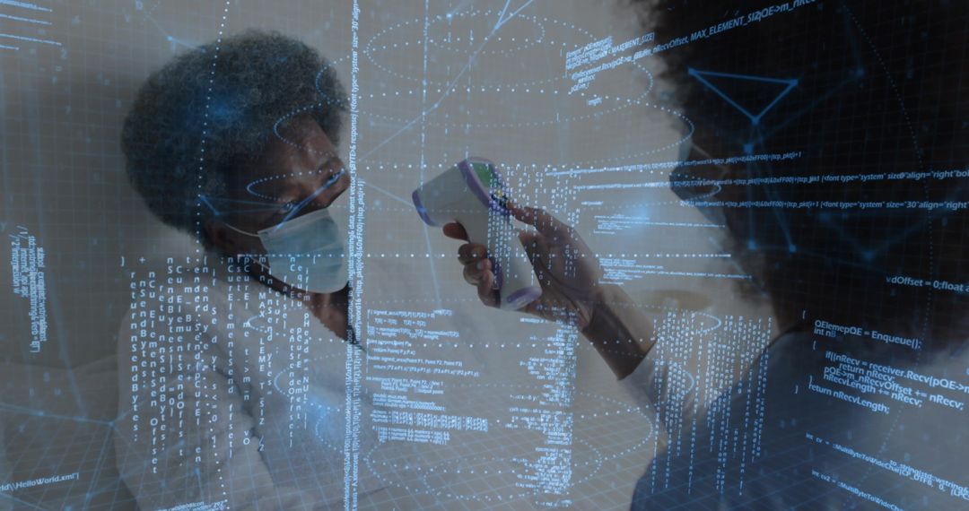 Nurse taking contactless forehead temperature through partition with AR data overlay