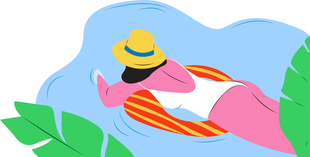 Woman Relaxing in Water with Hat on Transparent Background