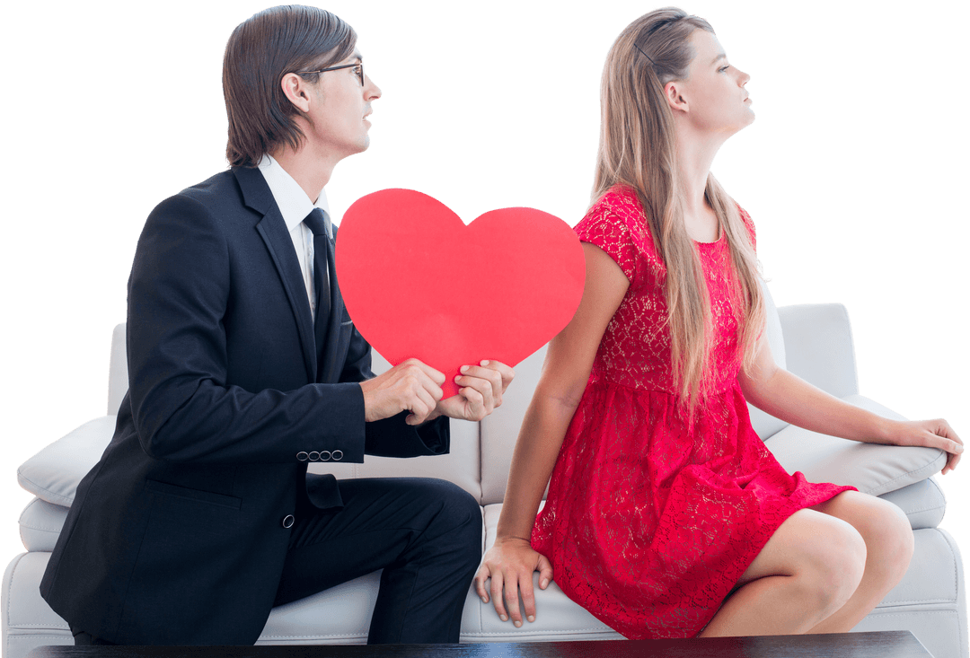 Transparent Geeky Couple with Heart Shape Sitting on Couch