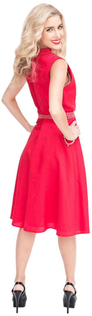 Caucasian Woman in Red Dress Posing on Transparent Background