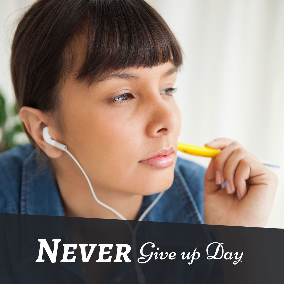 Digital image of asian young woman looking away while listening music with never give up day text - Download Free Stock Templates Pikwizard.com