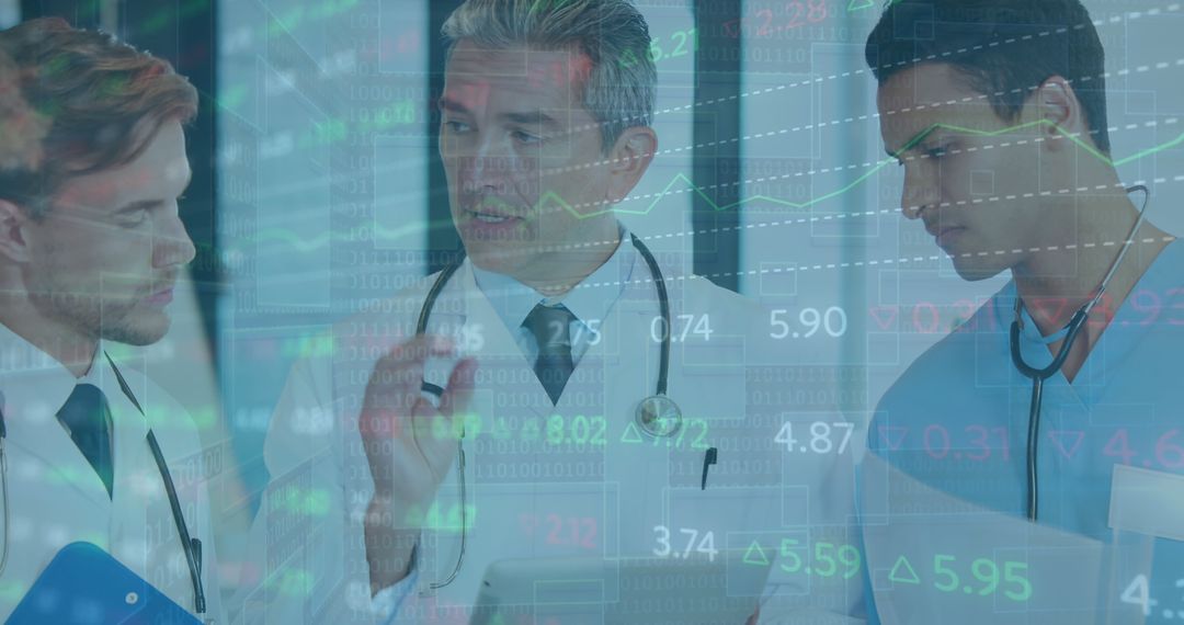 Medical Professionals Discussing Financial Data with Stock Market Overlay - Free Images, Stock Photos and Pictures on Pikwizard.com