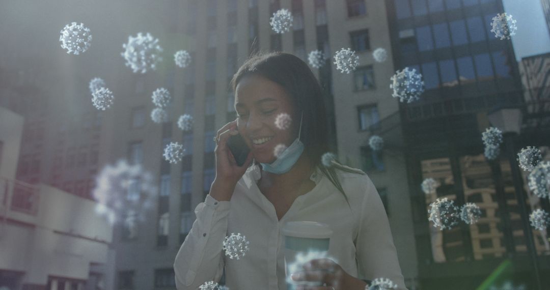 Woman Talking on Phone with Lowered Mask and Floating Virus Concept