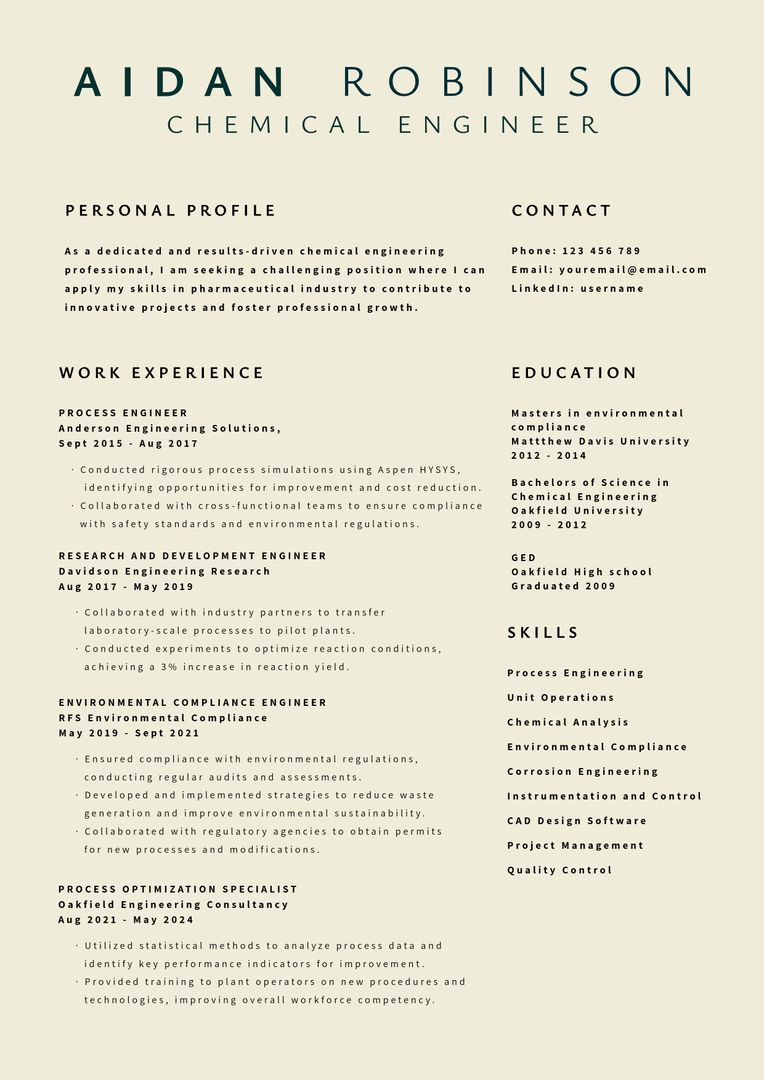 Professional Chemical Engineer Resume Template with Clean and Modern Design - Download Free Stock Templates Pikwizard.com