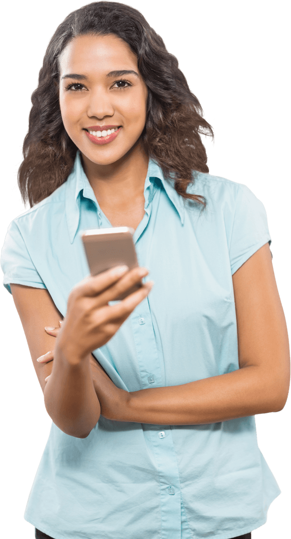 Transparent Smiling Businesswoman Using Smartphone Confidently